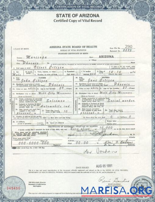 Blank USA Arizona state birth certificate template in PSD format